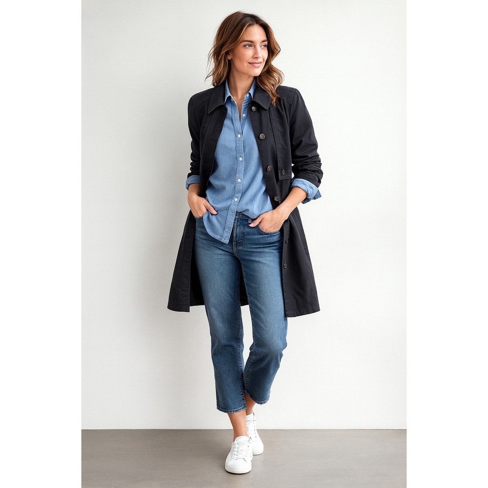 Garnet Hill Black Organic Cotton Utility Trench Coat Women's Size‎ 8